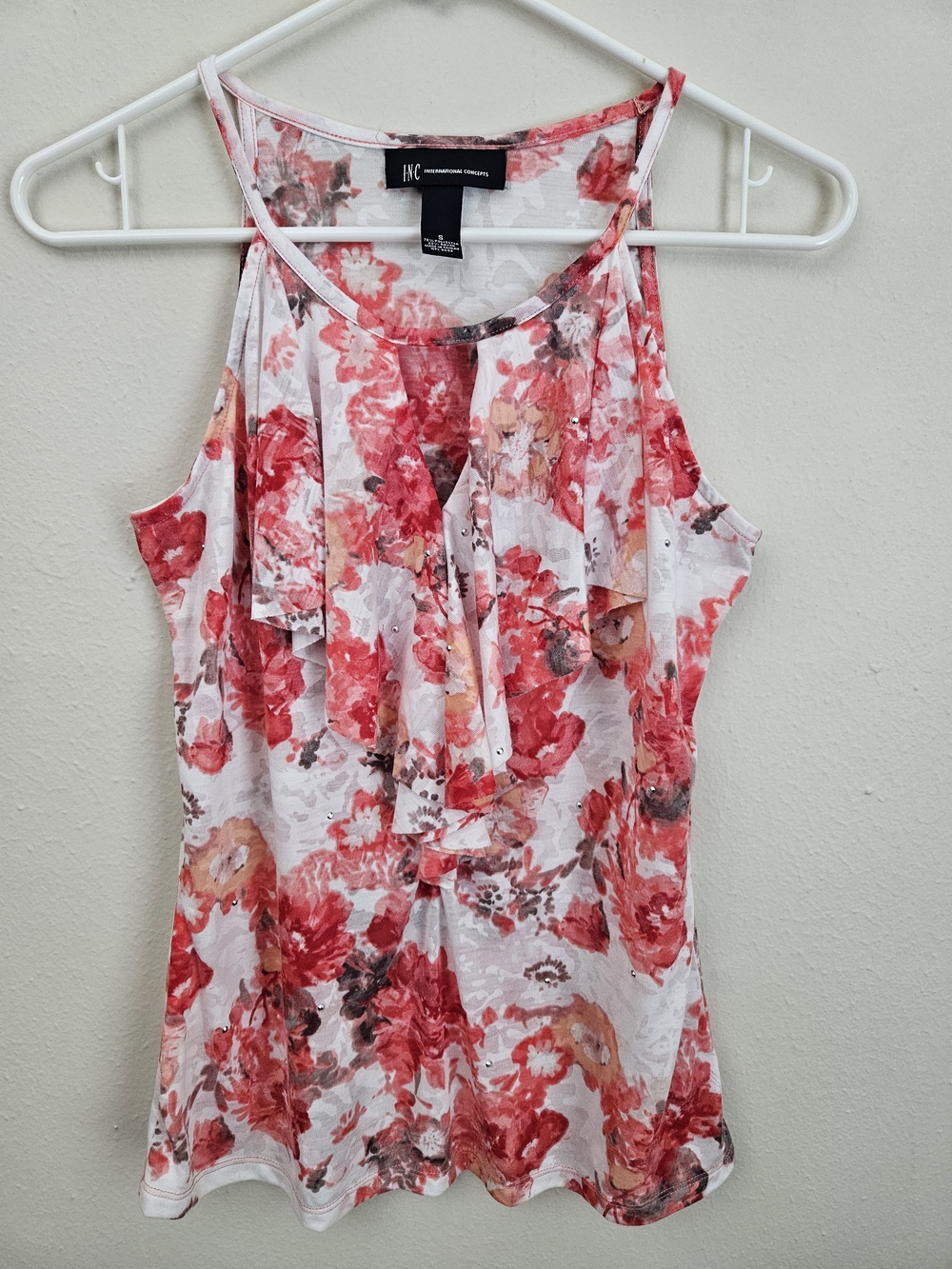 INC International Concepts Red Floral Ruffle Tank Top